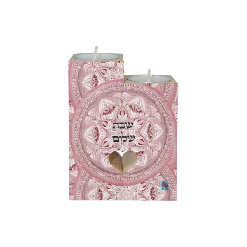 embroidery-pale pink and gray shabbat shalom Wooden Candle Holder (Without Candle)