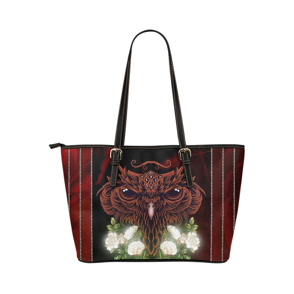 Awesome owl with flowers Leather Tote Bag/Small (Model 1651)