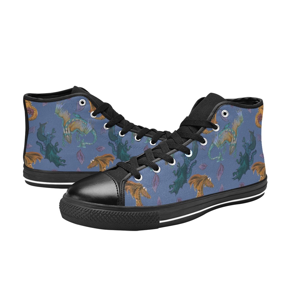 Dragon Art Blue on Black High Top Canvas Shoes for Kid (Model 017)