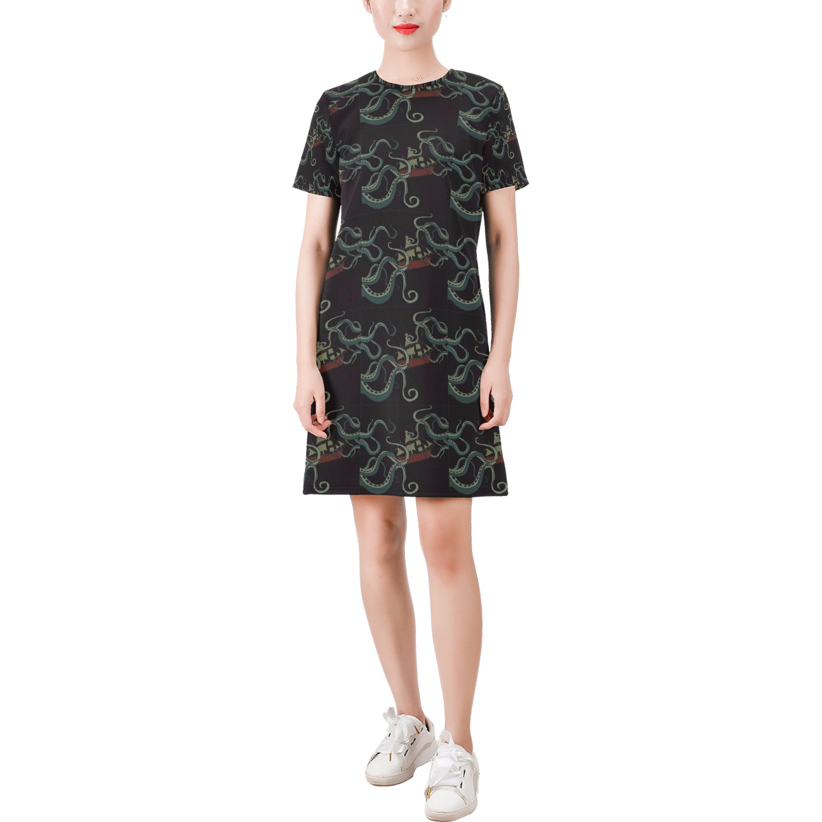 Abstract Short-Sleeve Round Neck A-Line Dress (Model D47)