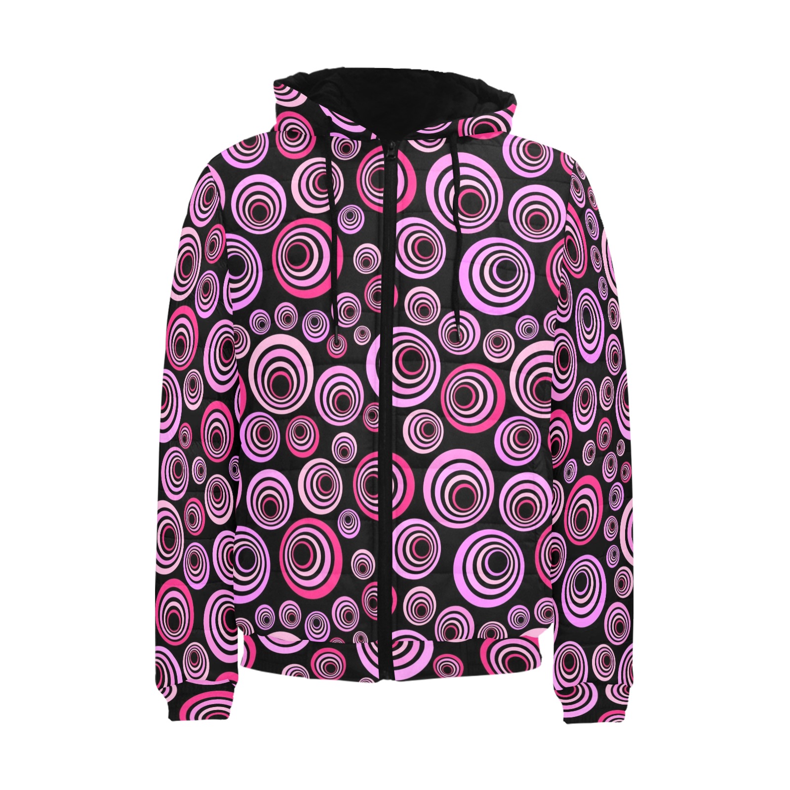 Retro Psychedelic Pretty Pink Pattern Men's Padded Hooded Jacket (Model H42)