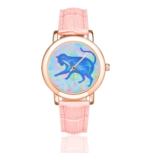 Cat on Feather Women's Rose Gold Leather Strap Watch(Model 201)