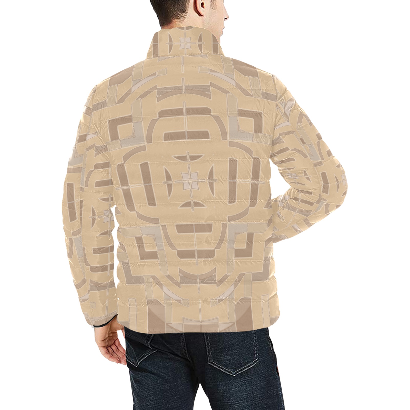 Camel Colored Geometric Men's Stand Collar Padded Jacket (Model H41)