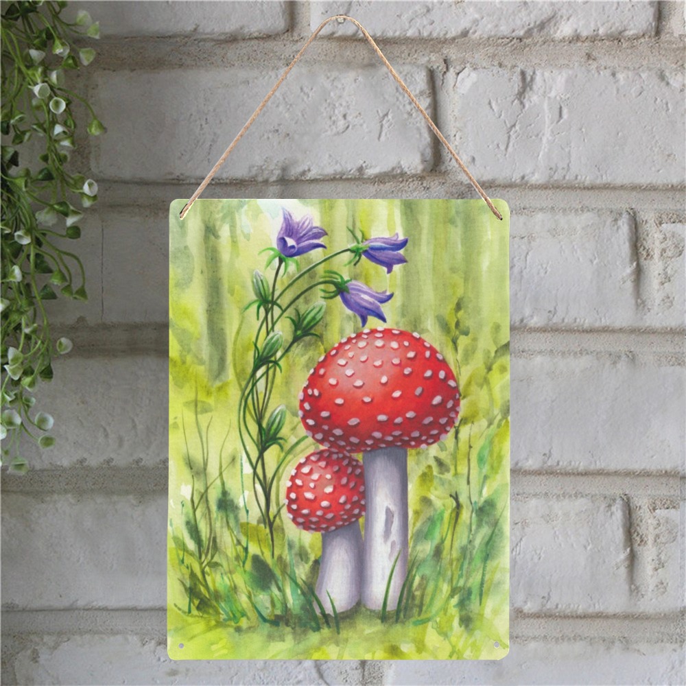 Red Mushroom Violet Flower Floral Watercolors Metal Tin Sign 12"x16"