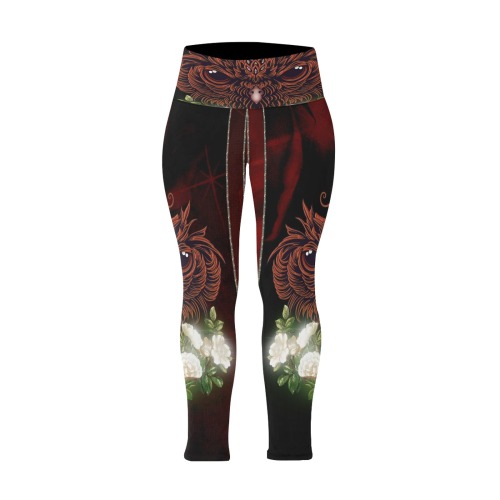 Awesome owl with flowers Women's Extra Plus Size High Waist Leggings (Model L45)