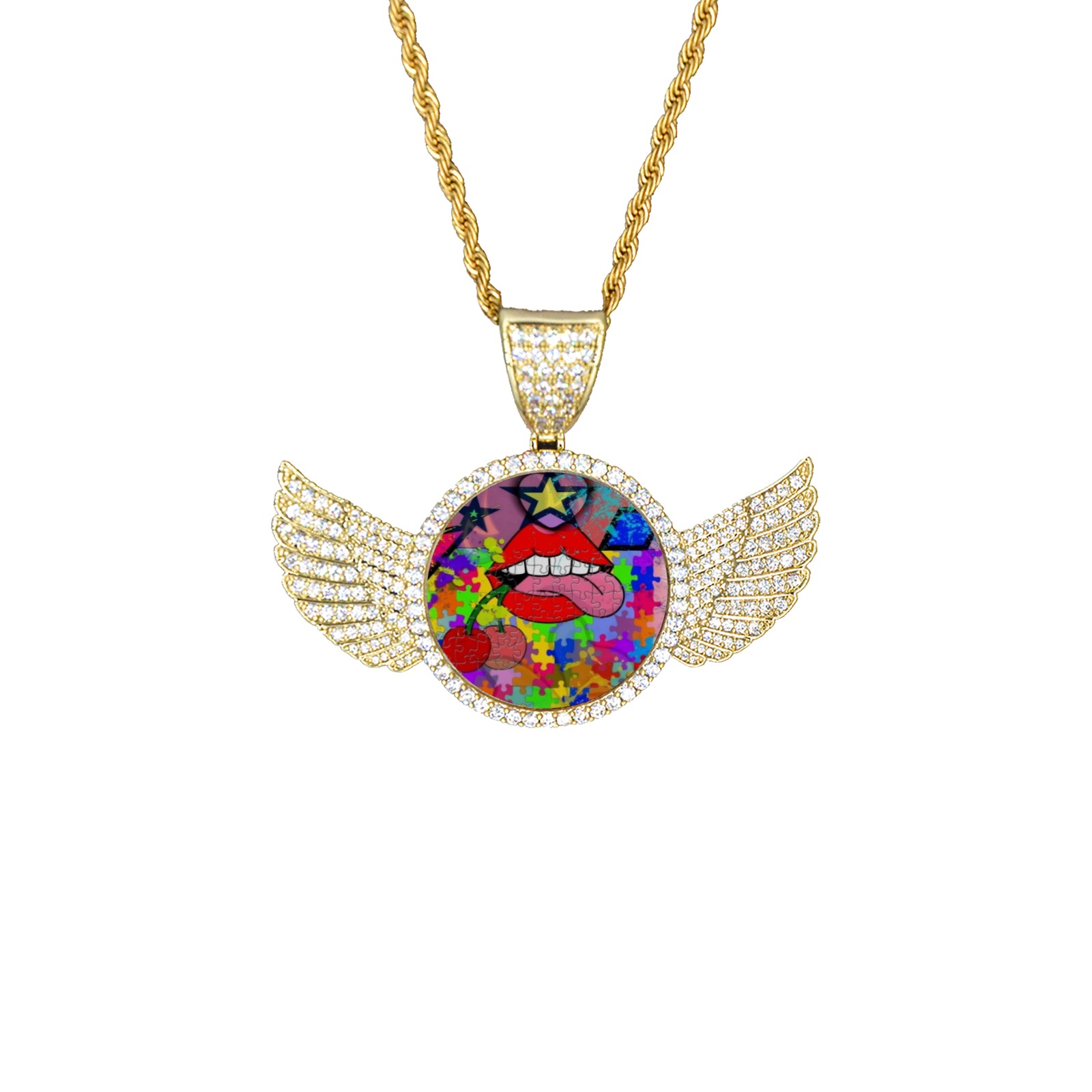 Lick me by Nico Bielow Wings Gold Photo Pendant with Rope Chain