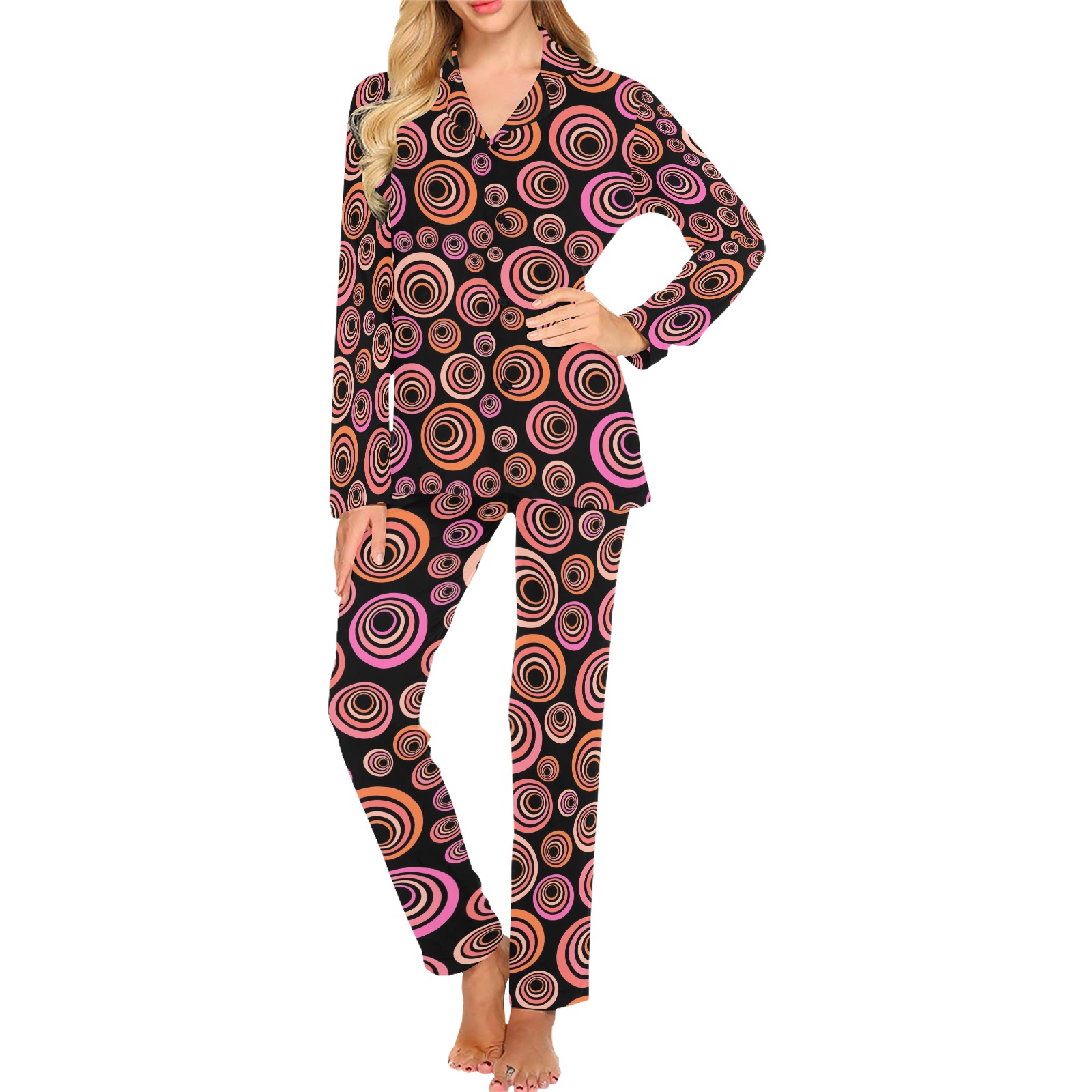 Retro Psychedelic Pretty Orange Pattern Women's Long Pajama Set