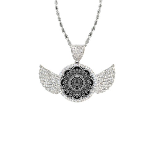 Blk Wht Mehndi Wings Silver Photo Pendant with Rope Chain