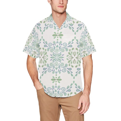 Blue and Green watercolor Hawaiian Shirt with Chest Pocket (Model T58)