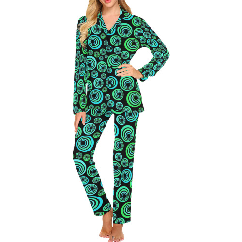 Retro Psychedelic Pretty Green Pattern Women's Long Pajama Set