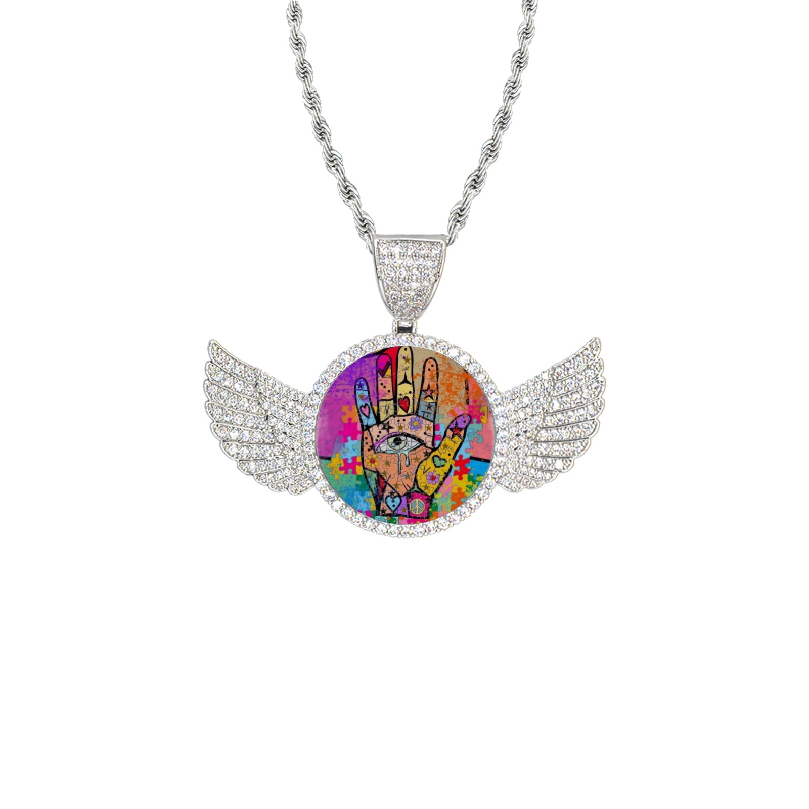 Hands up by Nico Bielow Wings Silver Photo Pendant with Rope Chain