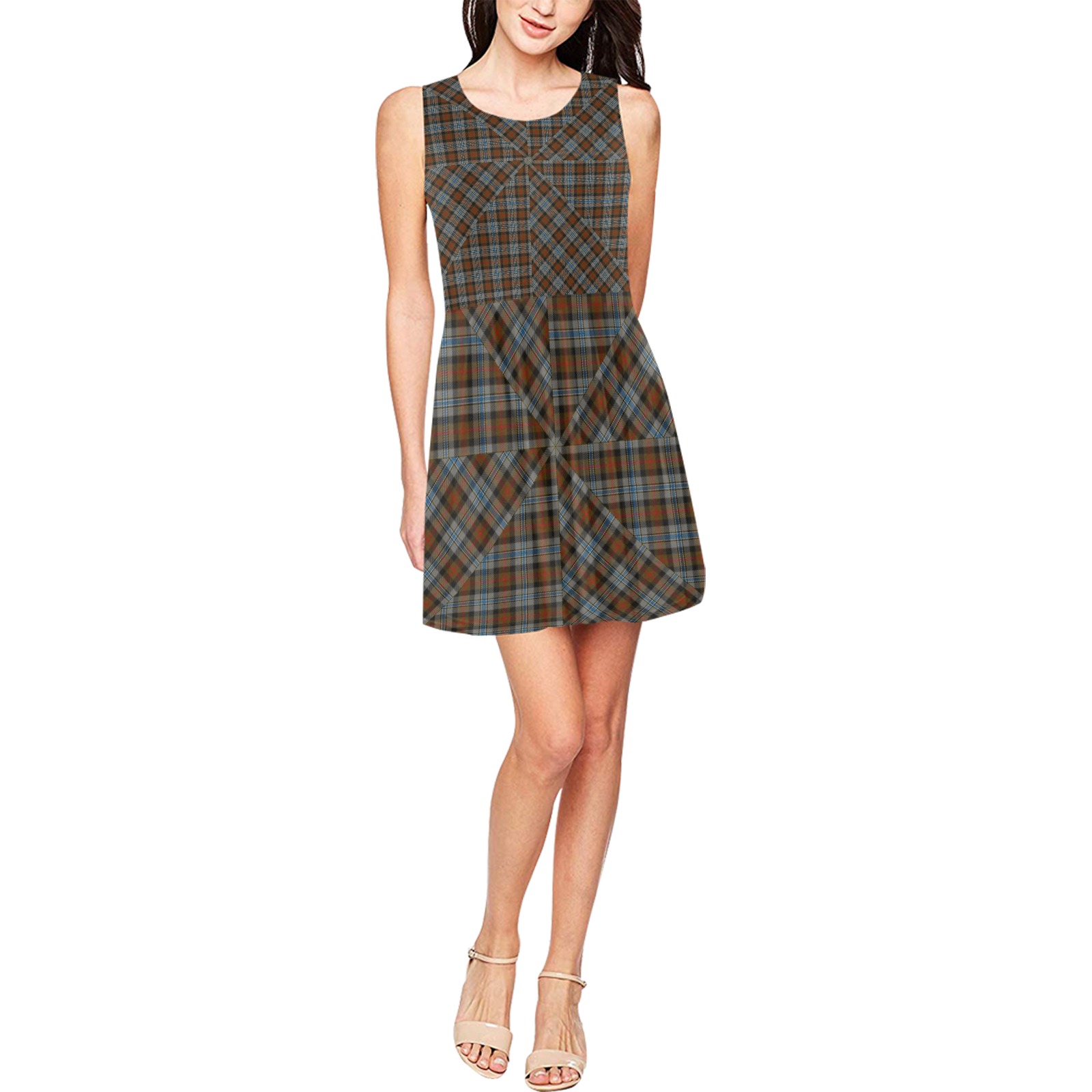 Campbell Hunting Tartan Thea Sleeveless Skater Dress(Model D19)