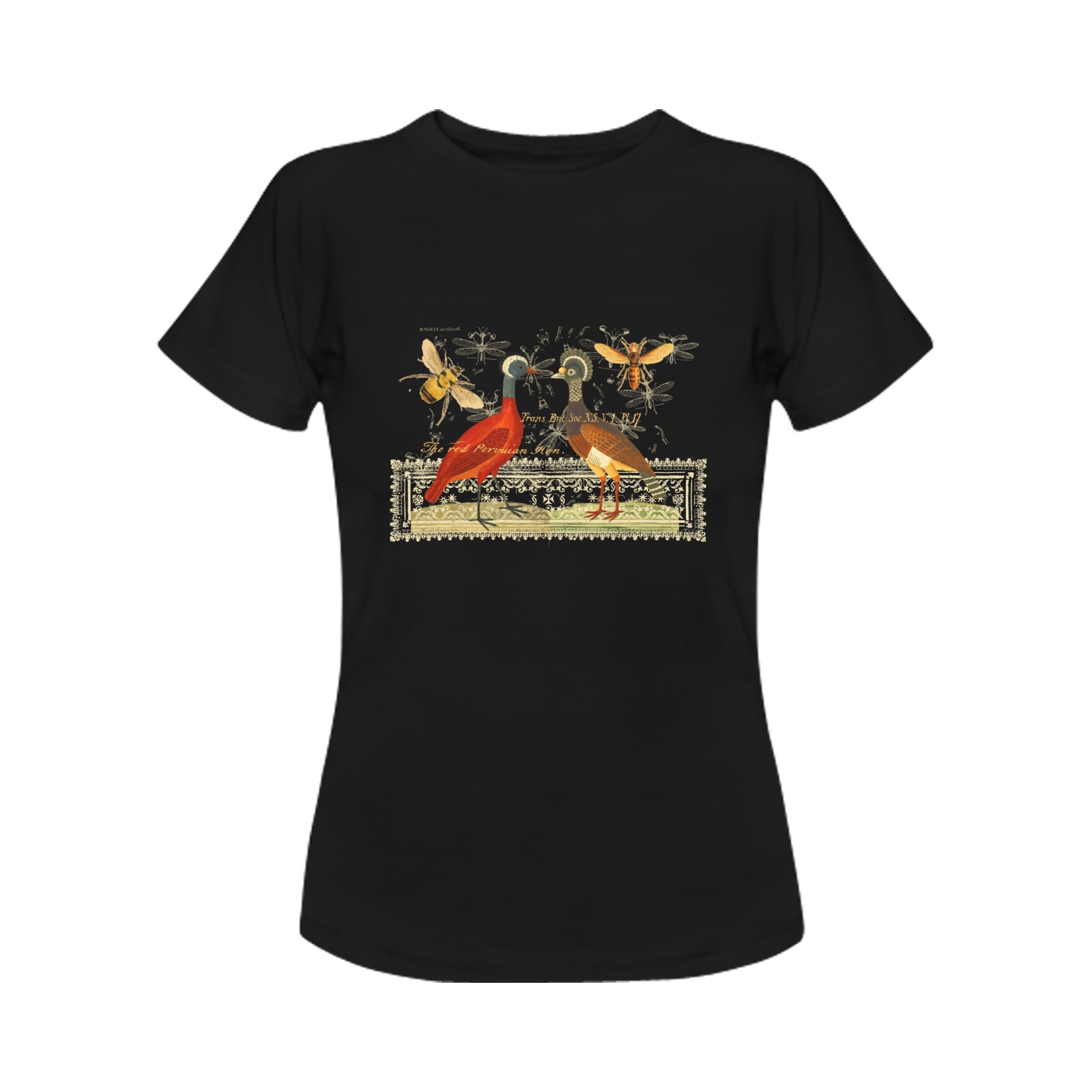 Two Hens, Two Bees and an Illustrated Rug Black Women's T-Shirt in USA Size (Front Printing Only)