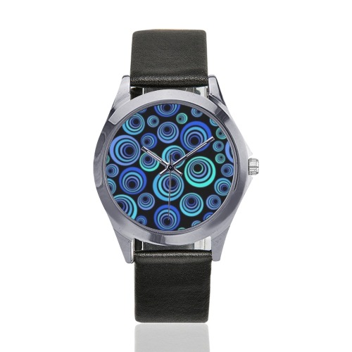 Retro Psychedelic Pretty Blue Pattern Unisex Silver-Tone Round Leather Watch (Model 216)