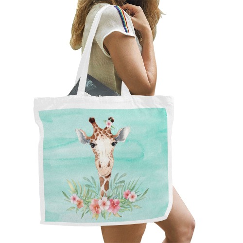Cute Giraffe with various flowers on watercolor turquoise background Canvas Tote Bag/Large (Model 1702)