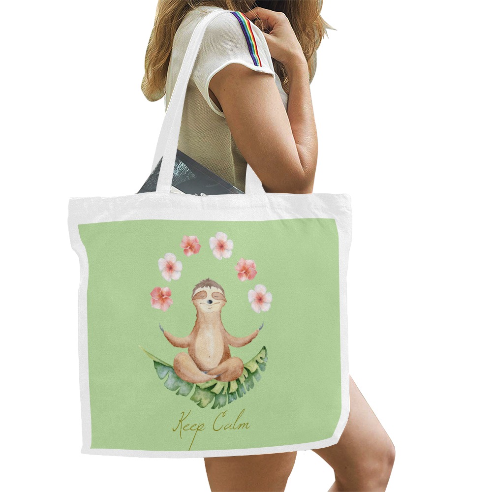 Keep Calm Cute Sloth in yoga pose on palm leaf illustration on green Canvas Tote Bag/Large (Model 1702)