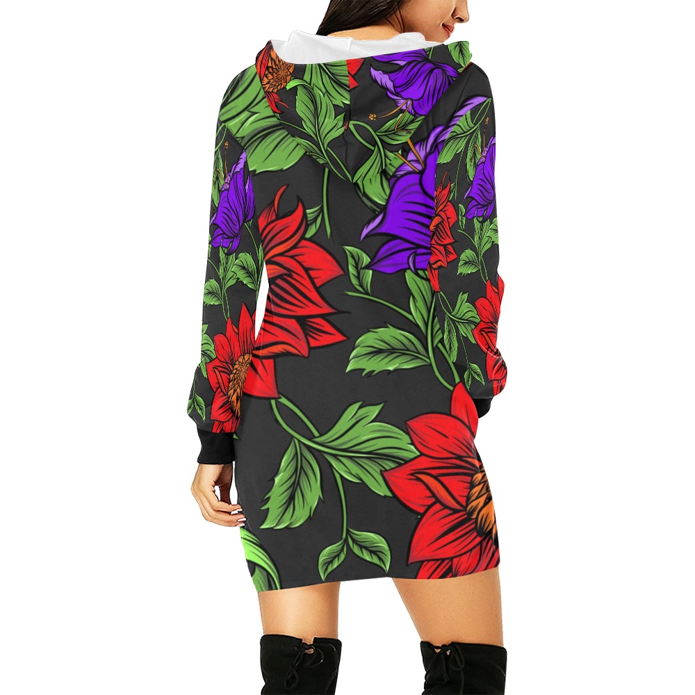 Neon Tropical Red All Over Print Hoodie Mini Dress (Model H27)