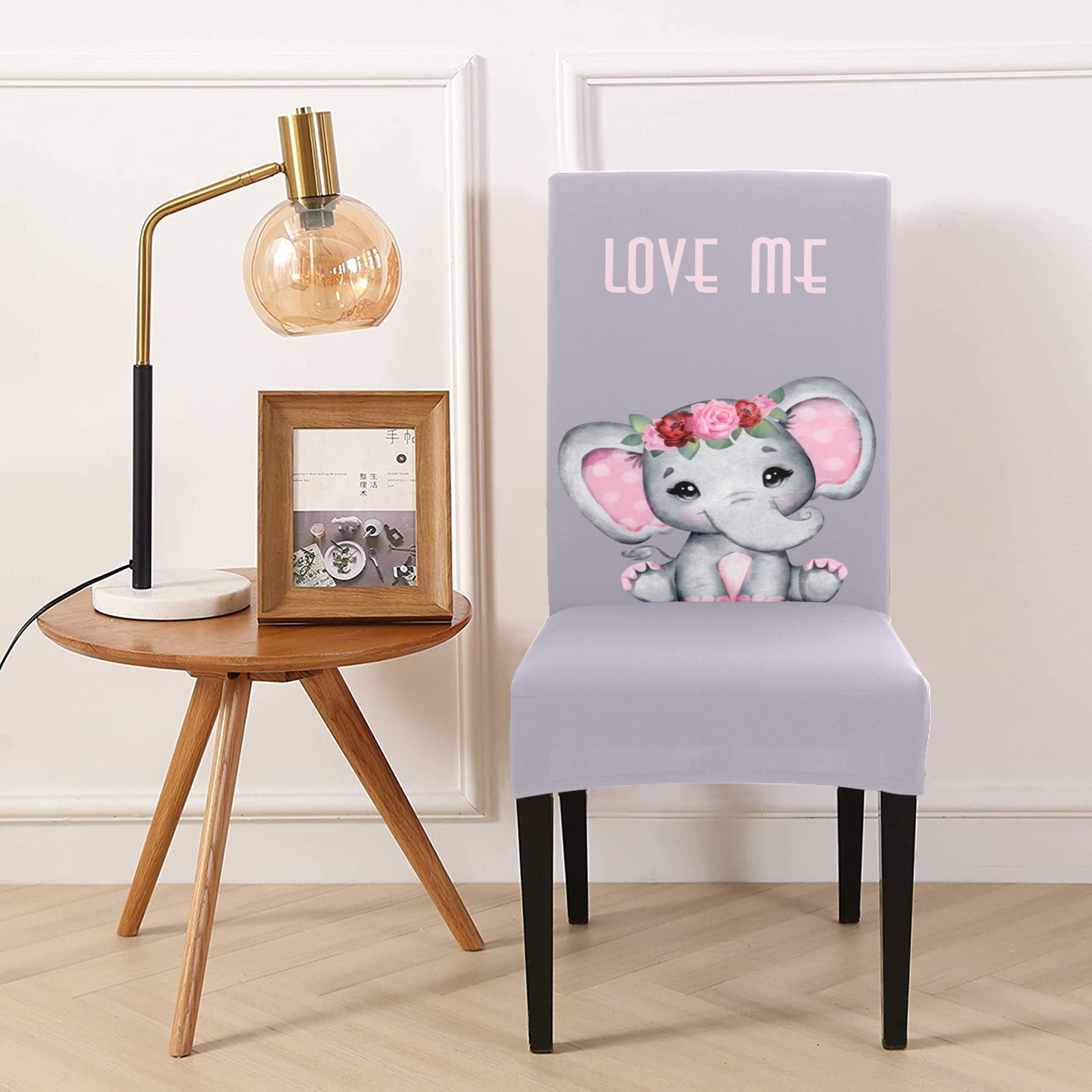 Adorable elephant baby girl with flowers and text on pastel mauve Removable Dining Chair Cover