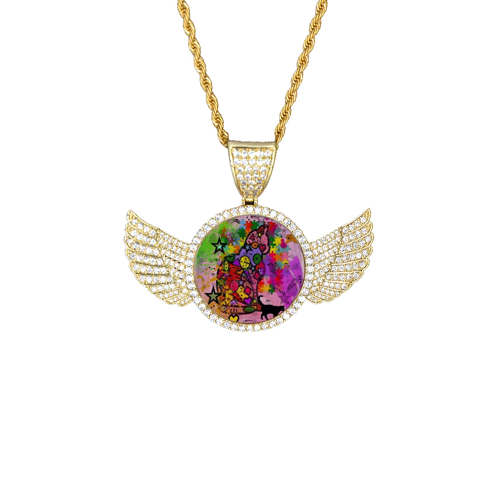 Cat by Nico Bielow Wings Gold Photo Pendant with Rope Chain