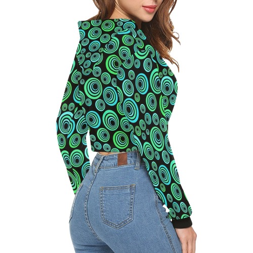 Retro Psychedelic Pretty Green Pattern All Over Print Crop Hoodie for Women (Model H22)