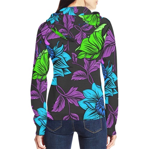 Neon Tropical Turquoise All Over Print Full Zip Hoodie for Women (Model H14)
