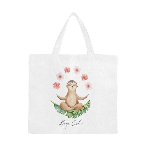 Keep Calm Cute Sloth in yoga pose on palm leaf illustrated Canvas Tote Bag/Large (Model 1702)