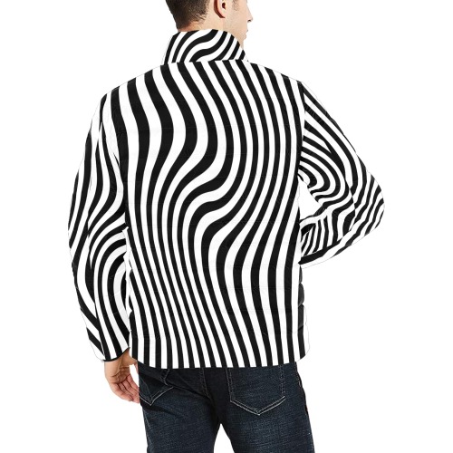 Op Art Warped Black and White Vertical Stripe Men's Stand Collar Padded Jacket (Model H41)