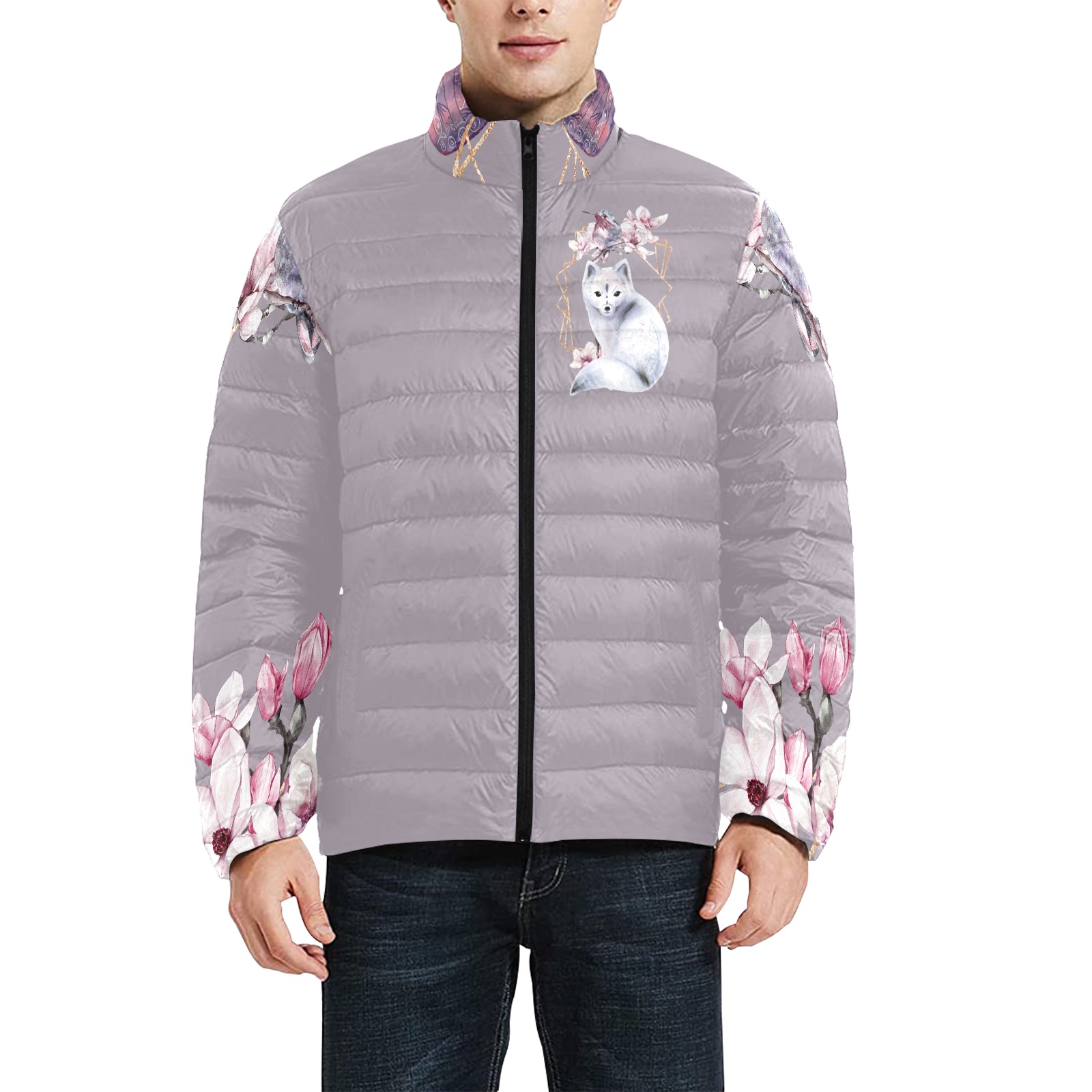 Fairytale Prince Butterfly flowers lilac silver fox Men's Stand Collar Padded Jacket (Model H41)