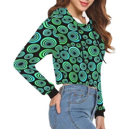 Retro Psychedelic Pretty Green Pattern All Over Print Crop Hoodie for Women (Model H22)