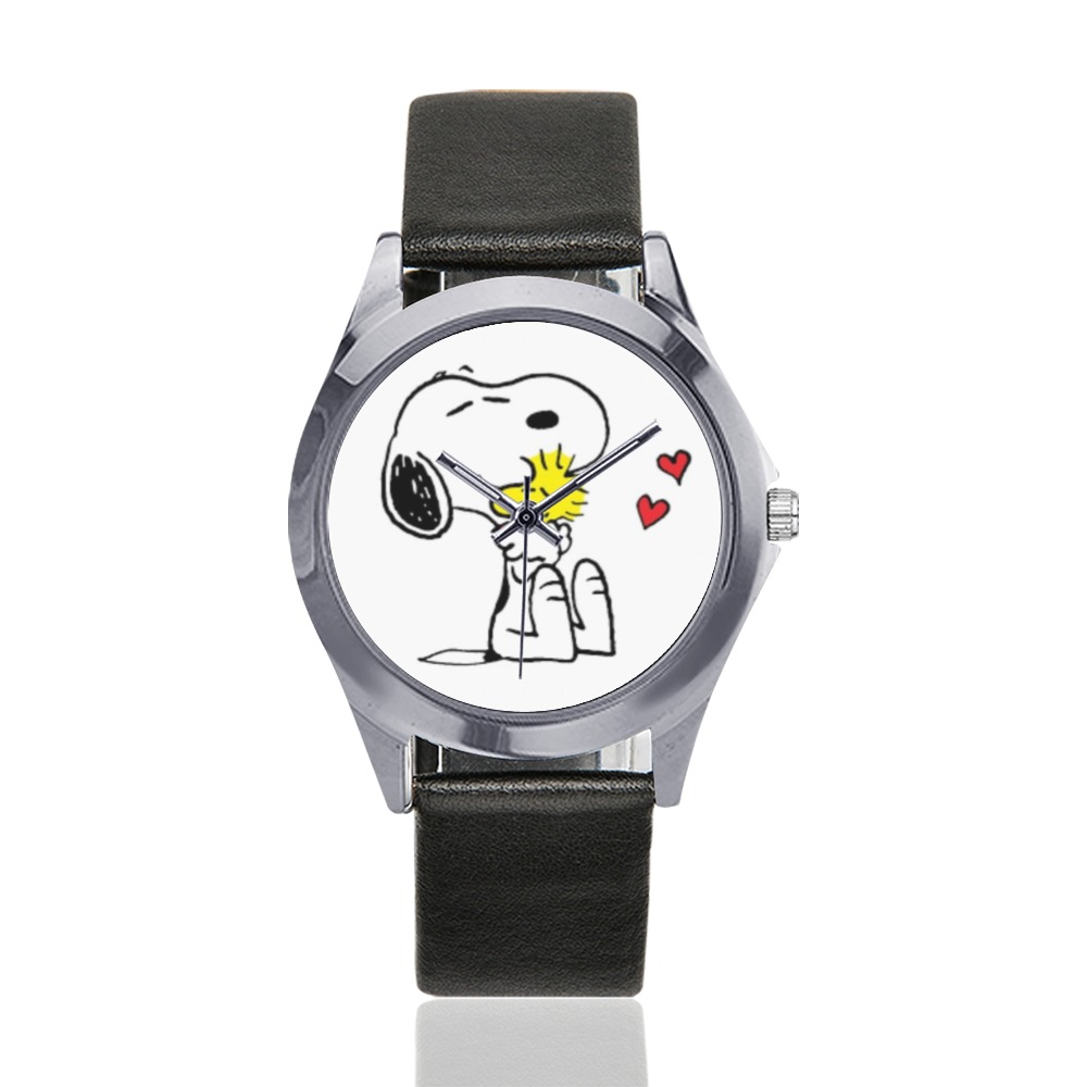 Snoopy Woodstock Hearts Unisex Silver-Tone Round Leather Watch (Model 216)