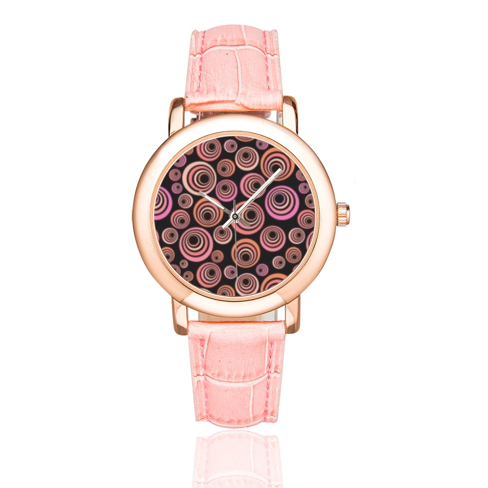 Retro Psychedelic Pretty Orange Pattern Women's Rose Gold Leather Strap Watch(Model 201)