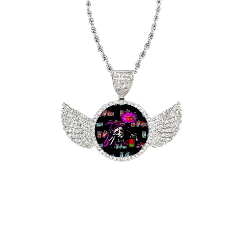 ORIGVMII URI SKULL LOGO Wings Silver Photo Pendant with Rope Chain