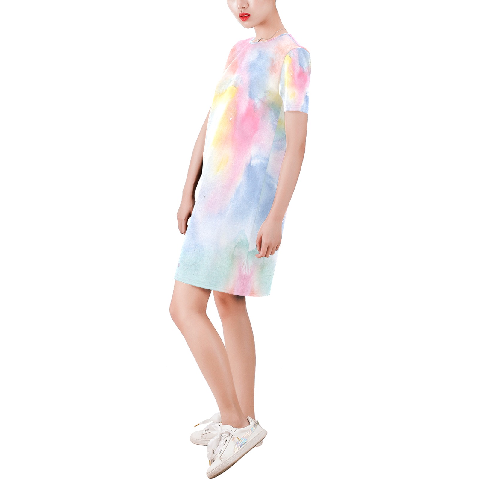 Colorful watercolor Short-Sleeve Round Neck A-Line Dress (Model D47)