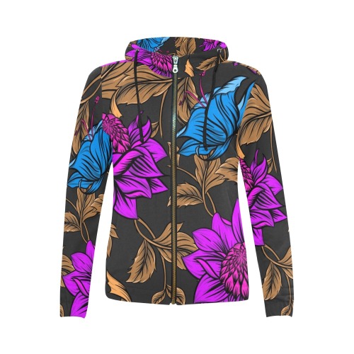 Neon Tropical Fuchsia All Over Print Full Zip Hoodie for Women (Model H14)