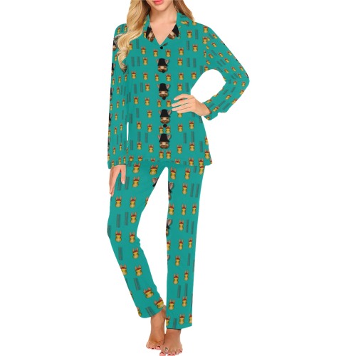 Happy rabbits in the green free grass Women's Long Pajama Set