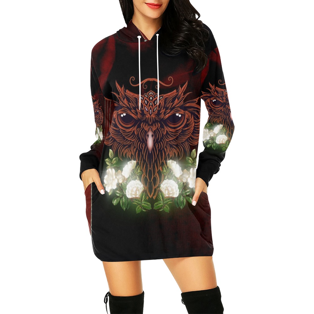 Awesome owl with flowers All Over Print Hoodie Mini Dress (Model H27)