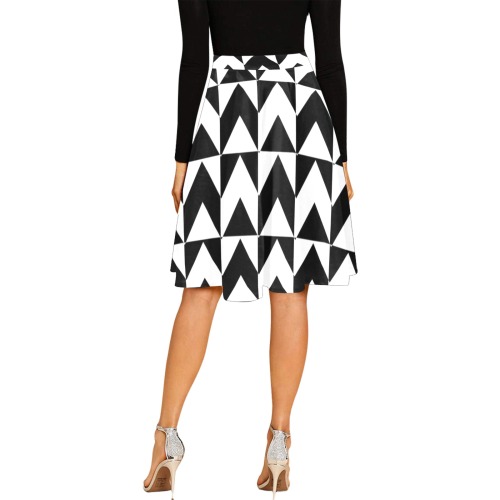 Op Art Black and White Checkered Chevron Melete Pleated Midi Skirt (Model D15)