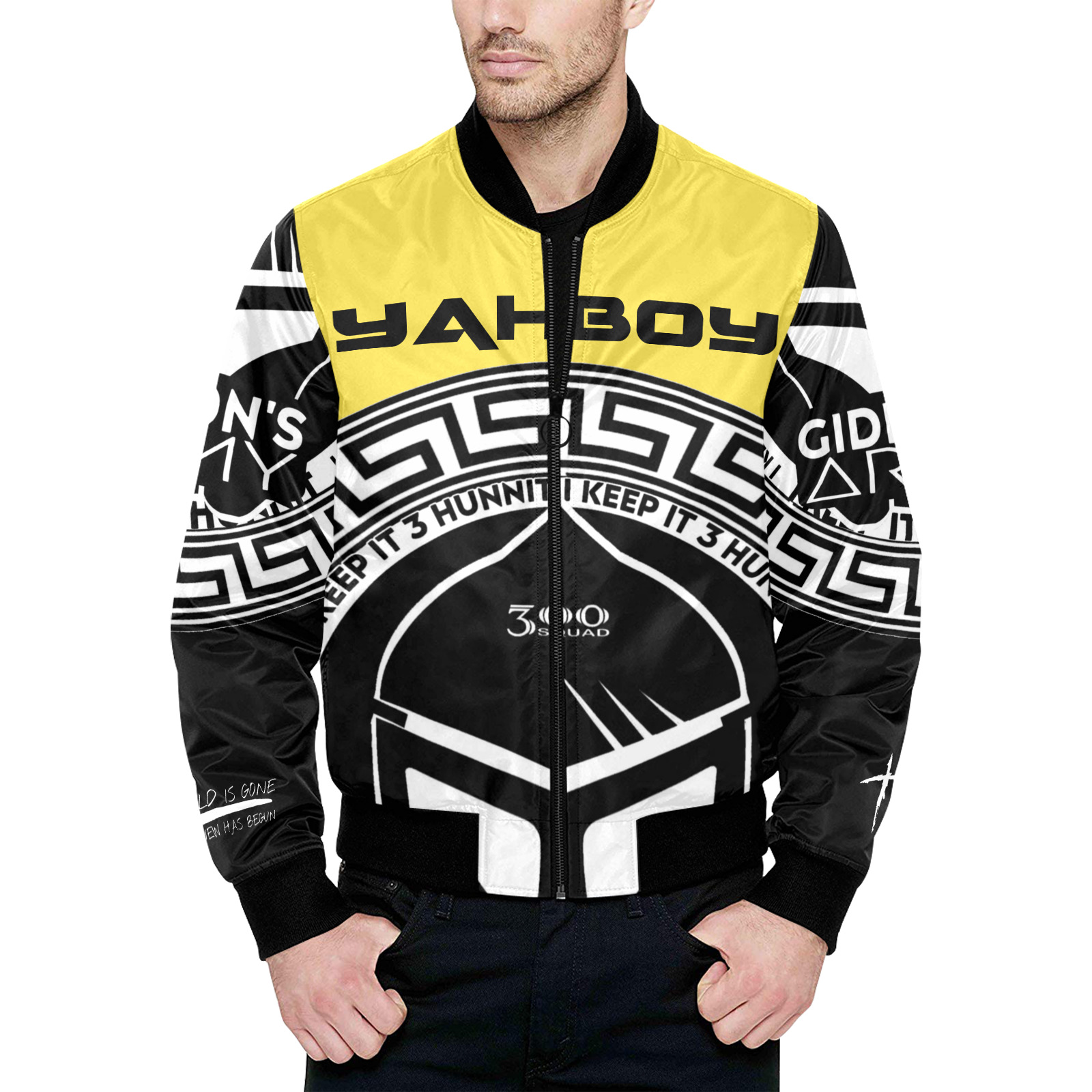 YAHBOY YELLOW/BLACK All Over Print Quilted Bomber Jacket for Men (Model H33)