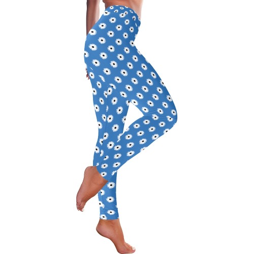 Fleur Marguerite Blanc/Bleu Women's Low Rise Leggings (Invisible Stitch) (Model L05)