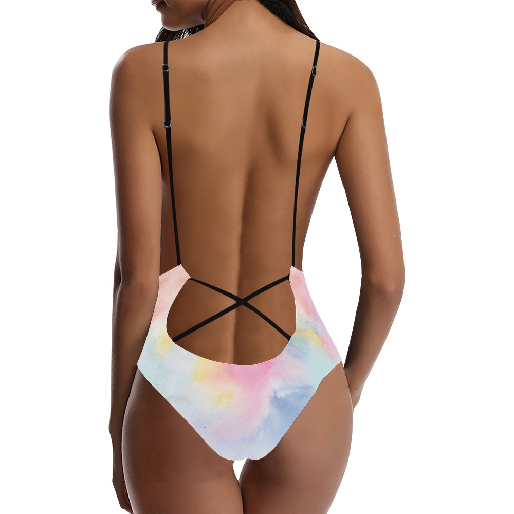 Colorful watercolor Sexy Lacing Backless One-Piece Swimsuit (Model S10)