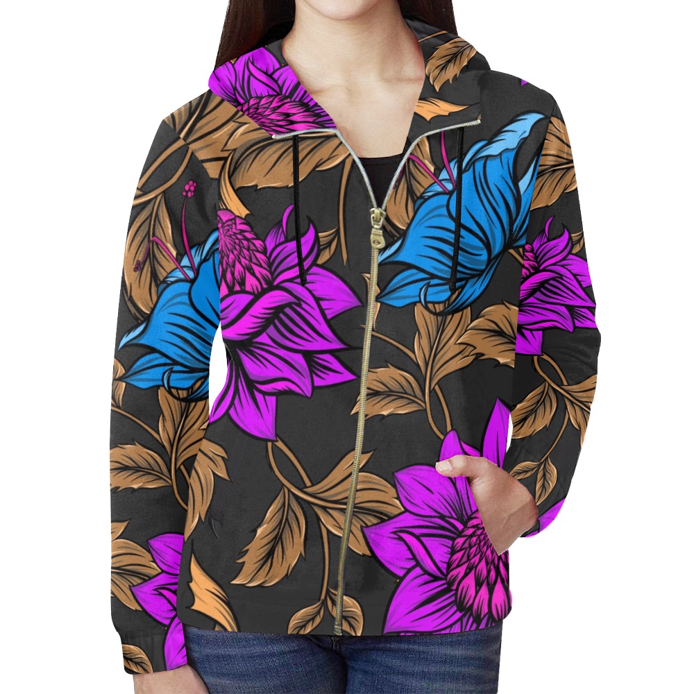 Neon Tropical Fuchsia All Over Print Full Zip Hoodie for Women (Model H14)