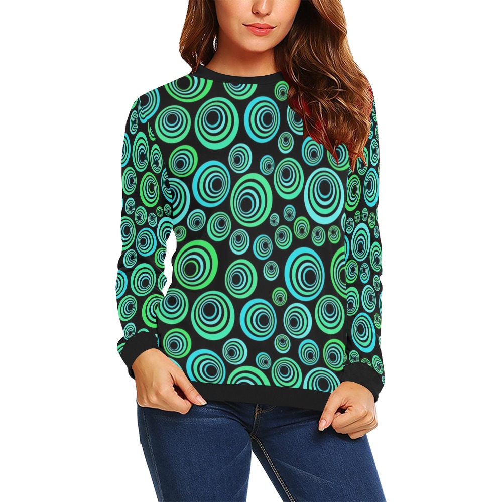 Retro Psychedelic Pretty Green Pattern All Over Print Crewneck Sweatshirt for Women (Model H18)