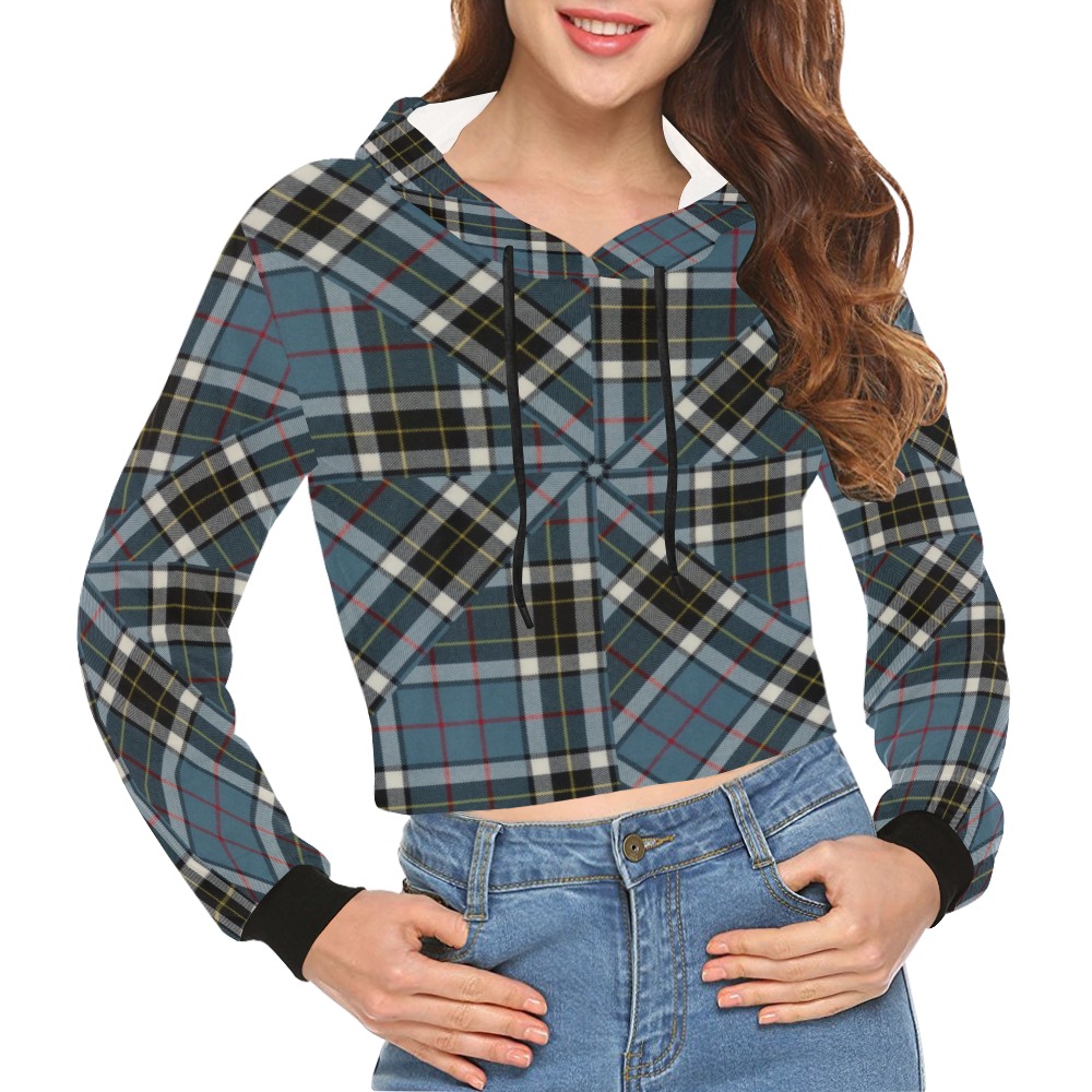 Thompson Blue Tartan All Over Print Crop Hoodie for Women (Model H22)