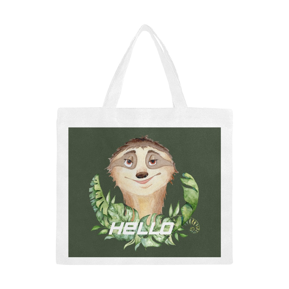 Smiley Sloth with Palm leaf featuring Hello on dark olive green background Canvas Tote Bag/Large (Model 1702)