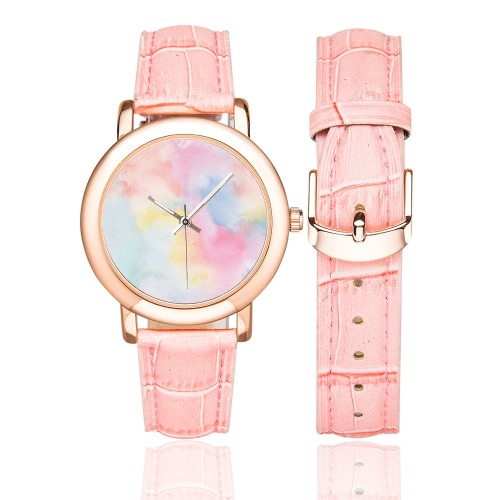 Colorful watercolor Women's Rose Gold Leather Strap Watch(Model 201)