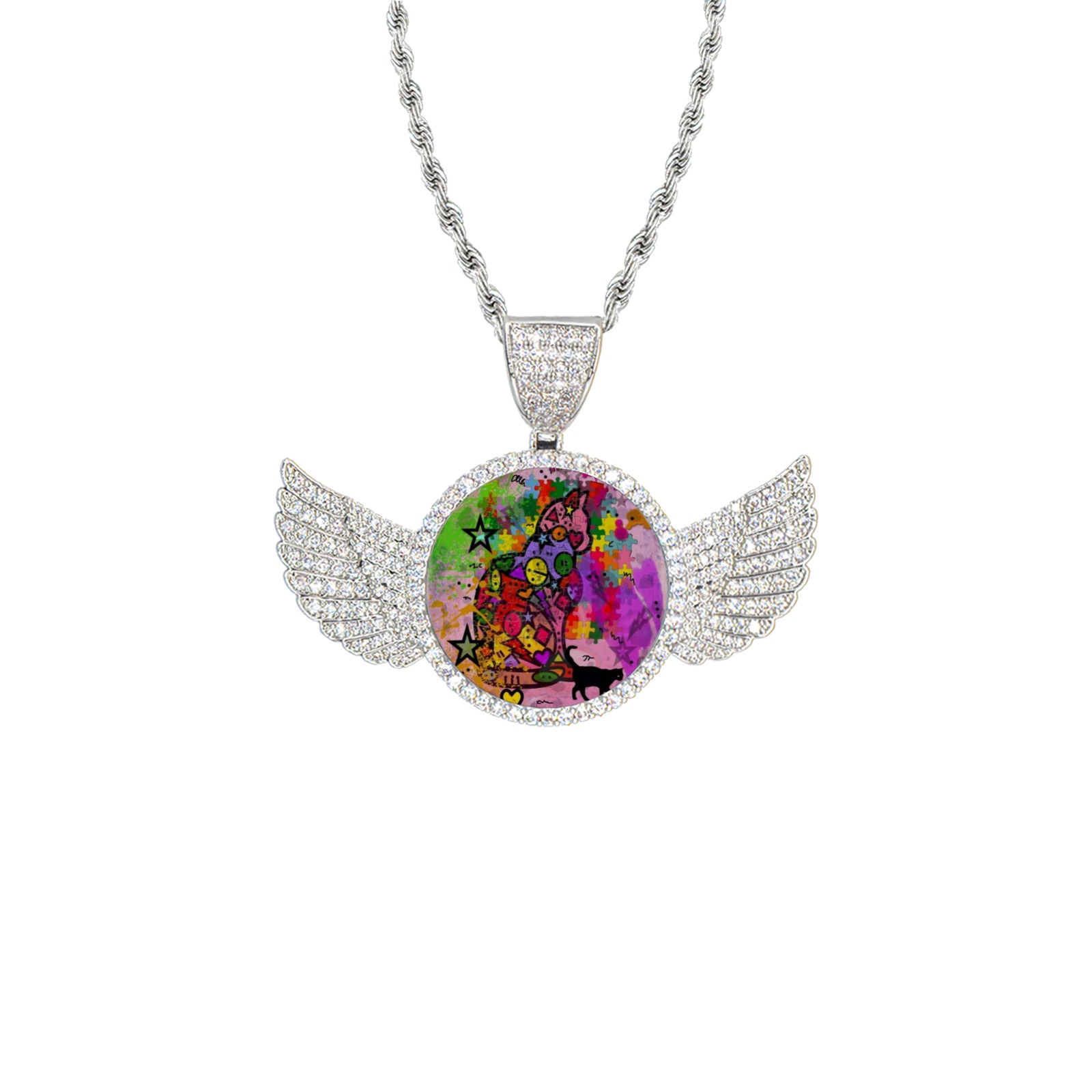 Cat by Nico Bielow Wings Silver Photo Pendant with Rope Chain