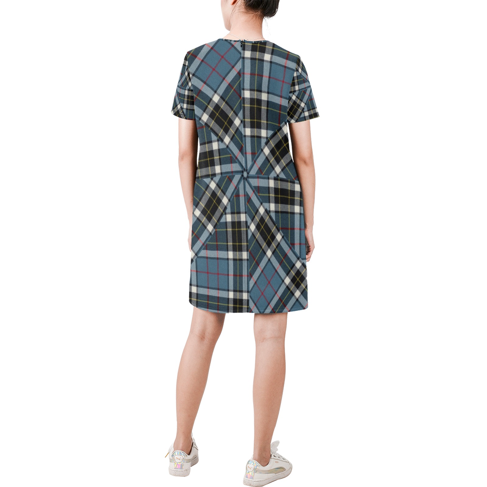 Thompson Blue Tartan Short-Sleeve Round Neck A-Line Dress (Model D47)