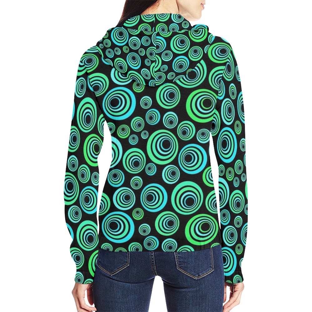 Retro Psychedelic Pretty Green Pattern All Over Print Full Zip Hoodie for Women (Model H14)