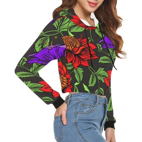 Neon Tropical Red All Over Print Crop Hoodie for Women (Model H22)