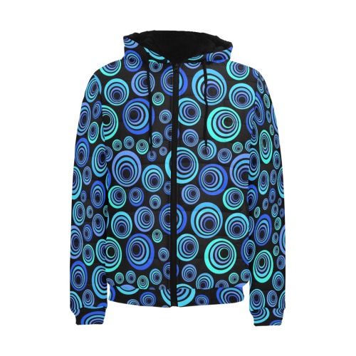 Retro Psychedelic Pretty Blue Pattern Men's Padded Hooded Jacket (Model H42)